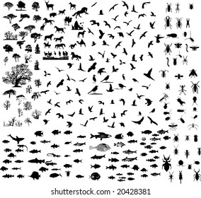 Mixed silhouettes set birds mammals fishes trees insects reptiles