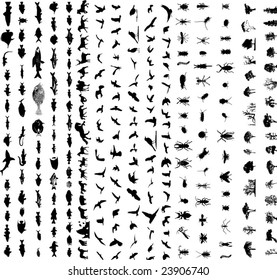 Mixed silhouettes set of birds people mammal fish tree and insect