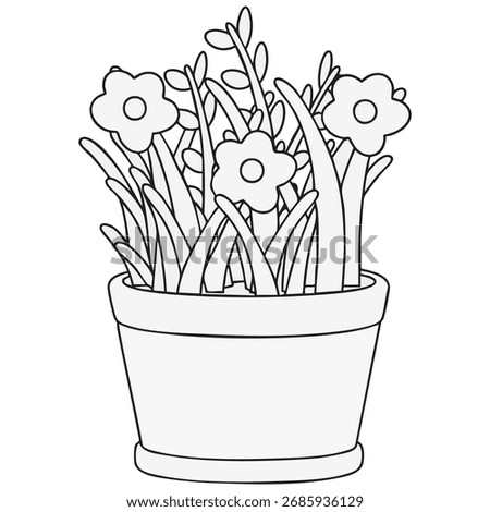 Mixed Spring Flowers and Grass in Pot Outline Vector Illustration on White Background