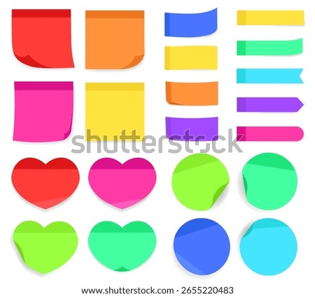Mixed sticky note shapes in vibrant colors: square, rectangle, long, round, and heart. Great for fun, diverse planner layouts and designs.
