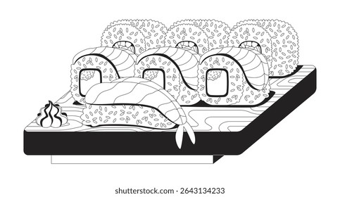 Bandeja de sushi misturado no objeto de linha 2D da bandeja de madeira. Niguiri camarão, rolos de sushi com fatias de salmão e ovas, servido com wasabi isolado clipart vetor tinta item de contorno. Ilustração de ponto monocromático
