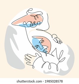 mixed technique in boho style continuous drawing of a single line of a mother embracing her daughter, the concept of the psychology of love, banner,
