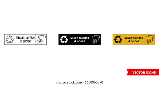 Mixed textiles & shoes landscape textile recycling sign icon of 3 types: color, black and white, outline. Isolated vector sign symbol.