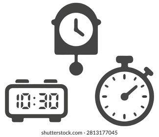 Mixed timekeeping icon collection featuring digital, pendulum, and stopwatch designs for productivity, sports, and scheduling concepts.