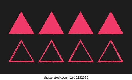 Mixed triangle shapes in grunge and sketchy styles. Hand drawn brush strokes and kids crayon scribbles. Triangle outlines in dirty, textured designs. Vector artwork.