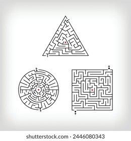 Mixed triangle, square, round and two-entrance maze puzzle. Confusing game and educational activity set.