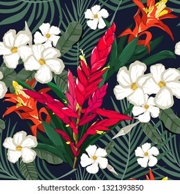 mixed tropical flowers with bromeliad stalk seamless pattern in vector illustration