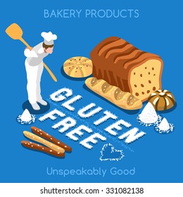 Mixed Types of Gluten Free Fragrant Bread. Flat 3d Isometric People Set Collection Colorful Concept Fresh Bakery Products. Simply Delicious Taste Home JPG JPEG Image Drawing Object Vector EPS 10 AI