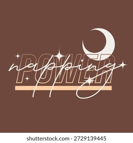 Arte de tipografía mixta de siesta de poder con estrellas de luna y brillo en blanco y crema, fondo marrón