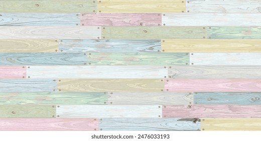 Mixed used cut timber panels colorful painted fade condition and held together with brass rivets graphic illustrated. Wooden texture pattern tropical style.