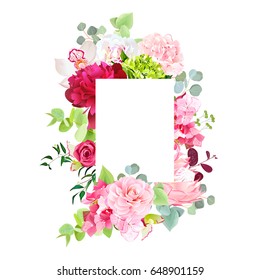 Mixed vector design square card. White and burgundy red peony, pink rose, hydrangea flowers, orchid, camellia, protea, eucalyptus leaves. All elements are isolated and editable.