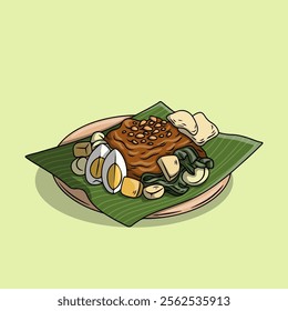 Mixed vegetables with peanut sauce on banana leaf and plate