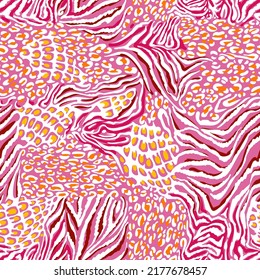 Mixed zebra stripes and leopard spots print. Geometric seamless pattern with different animal skin textures. Bright colorful tropical background. Textile and fabric fashion design.