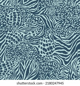 Mixed zebra stripes and leopard spots print. Flat monochrome geometric seamless pattern with different animal skin textures. Tropical background. Textile and fabric fashion design.