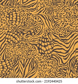 Gemischte Zebrastreifen und Leopardenflecken bedruckt. Flaches, monochromes geometrisches, nahtloses Muster mit unterschiedlichen tierischen Hauttexturen. Tropischer Hintergrund. Textil- und Stoffmode-Design.