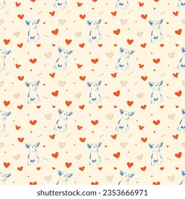 Mixed-breed dog in one color, line art style, blue and white illustration. Dog stroke outline. Hand-drawn doodles, Dog graphic, artistic pet logo. Valentine's day pattern with dogs and red hearts.