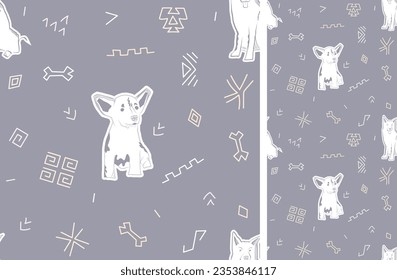 Mixed-breed dog in one color, line art style, white and dark illustration. Dog stroke outline. Hand-drawn doodles, seamless violet pattern with hand-drawn geometric icons and simple dog graphic.