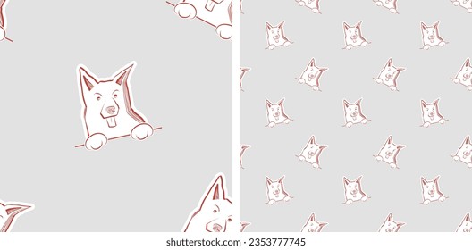 Mixed-breed dog peeking out from a pocket, Dog with paws seamless pattern. One color, line art style, white background. Happy Dog face stroke outline. Hand-drawn doodles, Simple   wallpaper, pencil. 