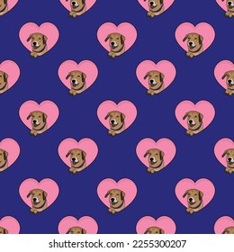 Mixed-breed mutt dog with paws pattern, Valentine's day heart wallpaper. Love heart with pet head holiday texture. Dog face Holding Heart Cartoon square background. St Valentine's day present paper.