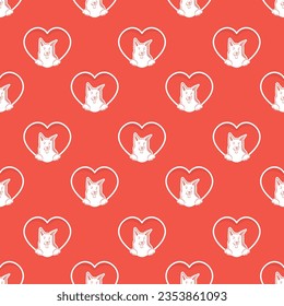Mixed-breed simple Dog Line Drawing seamless square pattern, holiday texture. Packaging with Pooch peeking out from the heart wrapping paper. Saint Valentine wallpaper with hearts and mascots. Love.