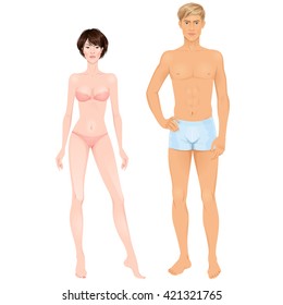 Mixed-race couple. Paper dolls, young woman and guy in underwear. Body templates