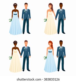 Mixed-race couples getting married. Bride and fiancee hold hands, stand nearby. Prom girl and boy with bouquet and buttonhole. Wedding elegant couples cartoon set. Isolated on white background.