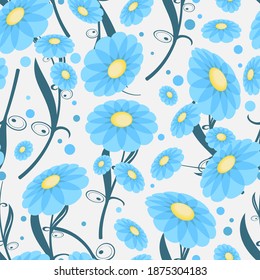 mixed-sized circles and abstract yellow-blue flowers with ornate azure stems and leaves are randomly arranged on a light background. cute floral seamless pattern. vector