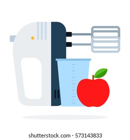 Mixer with beaker and red apple vector flat material design isolated on white