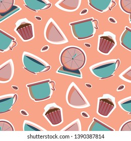 Mixer, blender, kitchen scales, shaker, timer, bowls, plates for the bakery shop. Tools for pastry maker. Vector illustration. Seamless background.