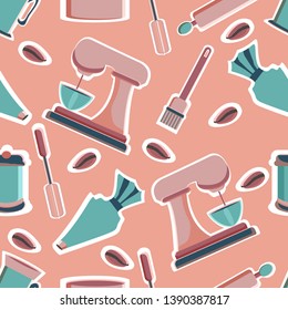 Mixer, blender, kitchen scales, shaker, timer, bowls, plates for the bakery shop. Tools for pastry maker. Vector illustration. Seamless background.