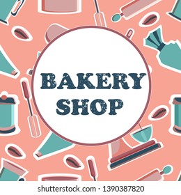 Mixer, blender, kitchen scales, shaker, timer, bowls, plates for the bakery shop. Tools for pastry maker. Vector illustration. Seamless background.