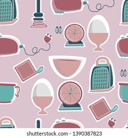 Mixer, blender, kitchen scales, shaker, timer, bowls, plates for the bakery shop. Tools for pastry maker. Vector illustration. Seamless background.