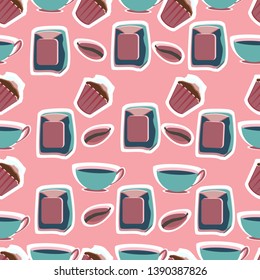 Mixer, blender, kitchen scales, shaker, timer, bowls, plates for the bakery shop. Tools for pastry maker. Vector illustration. Seamless background.