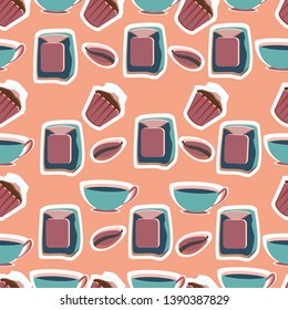 Mixer, blender, kitchen scales, shaker, timer, bowls, plates for the bakery shop. Tools for pastry maker. Vector illustration. Seamless background.