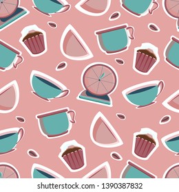 Mixer, blender, kitchen scales, shaker, timer, bowls, plates for the bakery shop. Tools for pastry maker. Vector illustration. Seamless background.