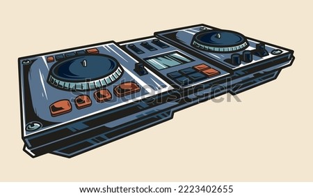 Mixer console vintage colorful element equipment for DJ with vinyl records for playing music in club or disco vector illustration