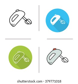 Mixer flat design, linear and color icons set. Electric handmixer in different styles. Hand mixer kitchen appliance. Long shadow logo concept. Isolated vector mixer illustrations. Infographic elements