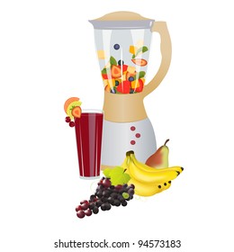 Mixer with fresh slices fruits inside,colorful composition of fruits in front and fresh made juice decorated with fruits,on white background./Fruit fusion.
