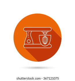 Mixer icon. Electric blender sign. Round orange web button with shadow.