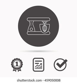 Mixer icon. Electric blender sign. Report document, winner award and tick. Round circle button with icon. Vector