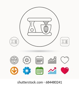 Mixer icon. Electric blender sign. Calendar, Graph chart and Cogwheel signs. Download and Heart love linear web icons. Vector