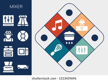 mixer icon set. 13 filled mixer icons.  Simple modern icons about  - Cooking, Toaster, Cargo truck, Oven, Microwave oven, Plumber, DJ, Mixer, Sliders, Music