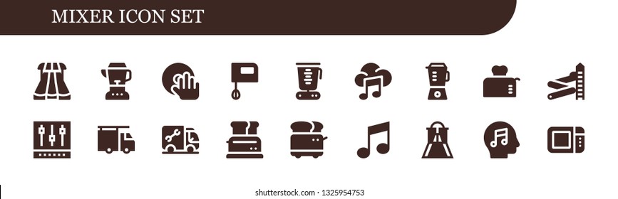 mixer icon set. 18 filled mixer icons.  Collection Of - Sliders, Blender, DJ, Mixer, Music, Toaster, Slider, Plumber, Microwave oven
