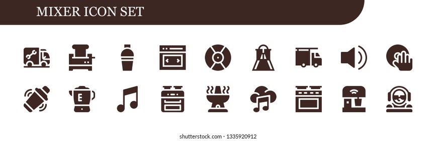 mixer icon set. 18 filled mixer icons.  Collection Of - Plumber, Toaster, Shaker, Slider, DJ, Audio, Blender, Music, Oven, Mixer