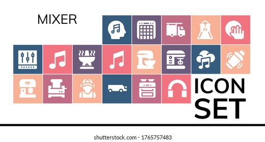 conjunto de iconos del mezclador. 19 iconos de mezclador rellenos.  Iconos modernos sencillos como: Música, mezclador, tostadora, fontanero, camión de carga, horno, audio, batidor, agitador, deslizador, DJ