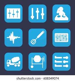 Mixer icon. set of 9 filled mixer icons such as concrete mixer, sliders, slider, music equalizer, corolla, dj