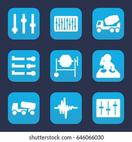 Mixer icon. set of 9 filled mixer icons such as concrete mixer, sliders, slider, music equalizer, dj