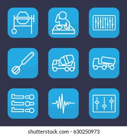 Mixer icon. set of 9 outline mixer icons such as concrete mixer, sliders, slider, music equalizer, corolla