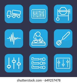 Mixer icon. set of 9 outline mixer icons such as concrete mixer, sliders, slider, music equalizer, corolla, adjust
