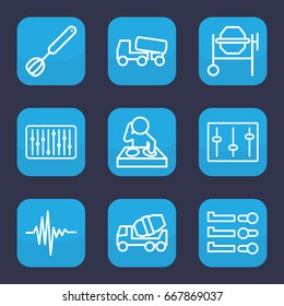 Mixer icon. set of 9 outline mixer icons such as concrete mixer, sliders, slider, music equalizer, corolla